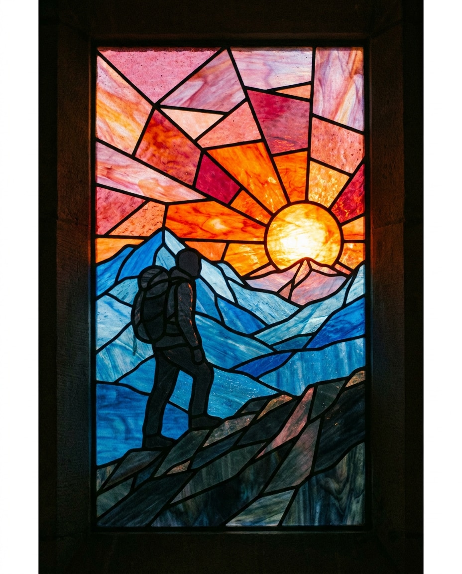 Mountain Hiker Spirit AI portrait — Gemini AI Stained Glass Art Prompt