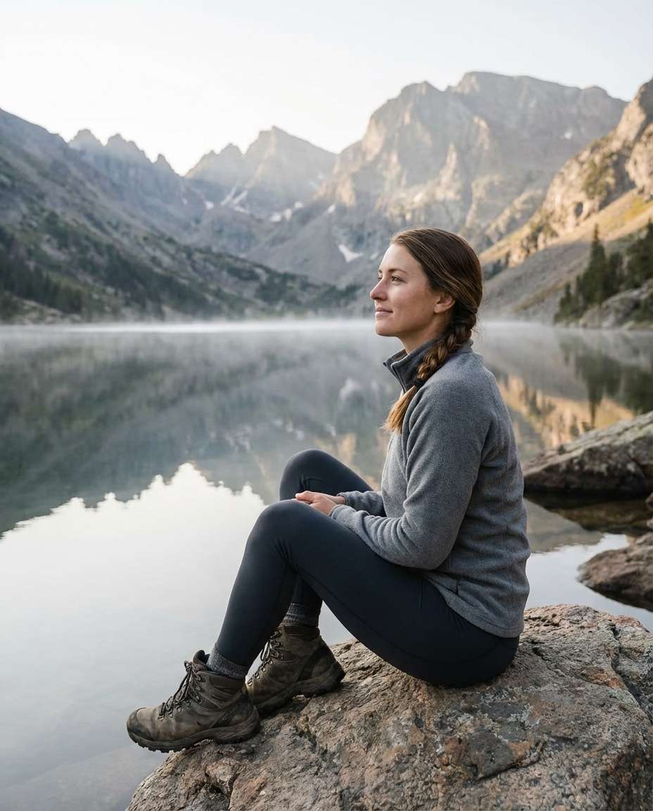 Mountain Lake Reflection AI portrait example — AI Travel Photography Prompt
