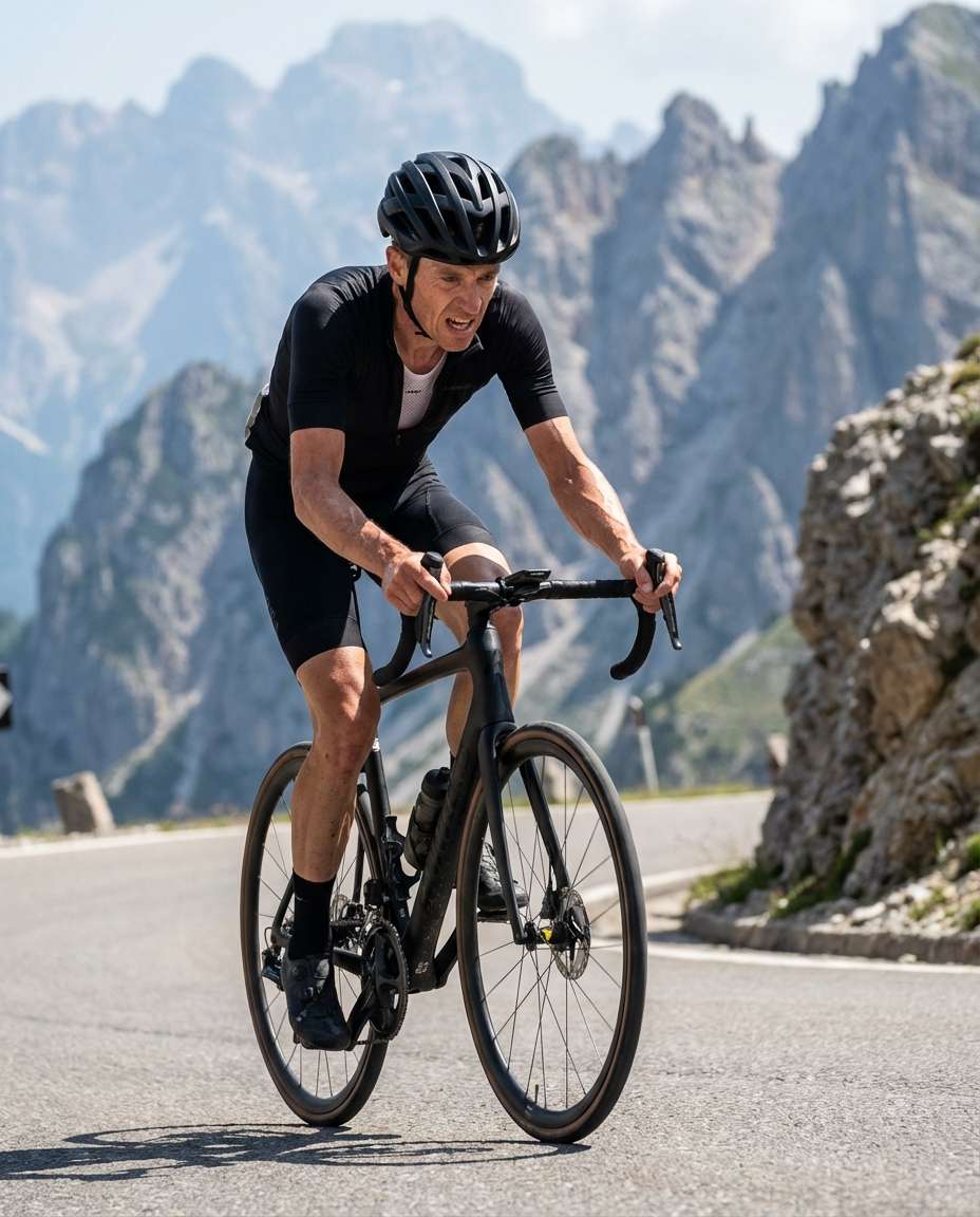 Mountain Switchback Climb AI portrait example — Gemini AI Cyclist Photo Prompts