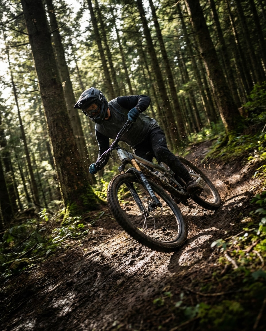 MTB Forest Descent AI portrait example — Gemini AI Cyclist Photo Prompts