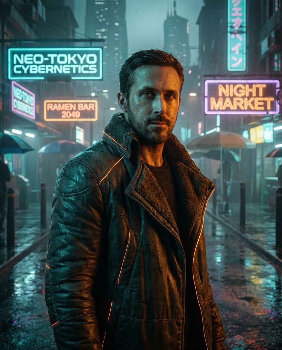 Neon Blade Runner Mood AI portrait example — AI Neon Light Effect Photo Prompt
