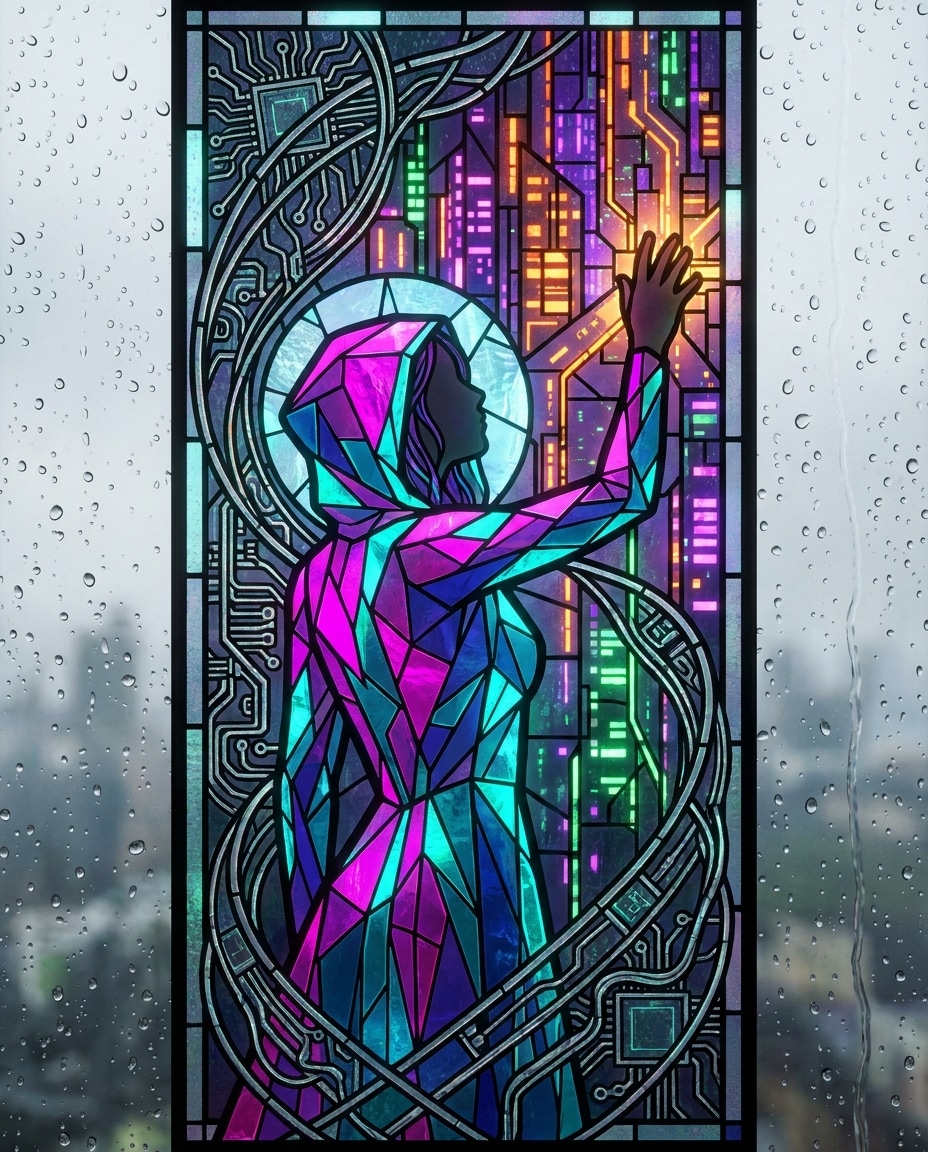 Neon City Saint AI portrait — Gemini AI Stained Glass Art Prompt