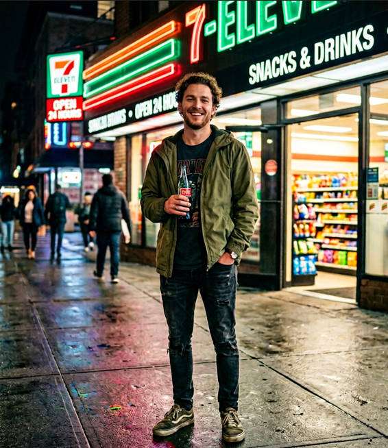 Neon Convenience Store AI portrait example — AI Neon Light Effect Photo Prompt