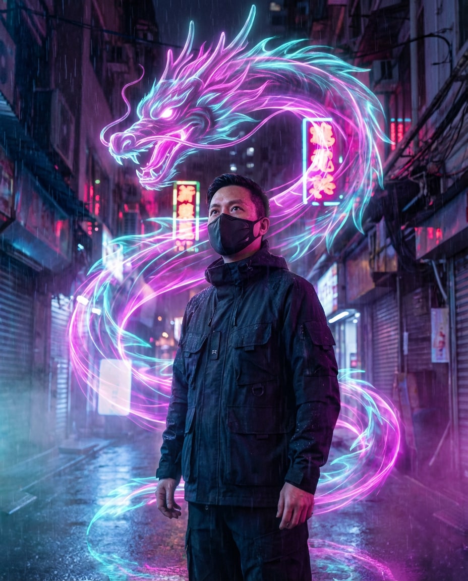 Neon Cyber Dragon AI portrait example — Gemini AI Dragon Photo Prompt
