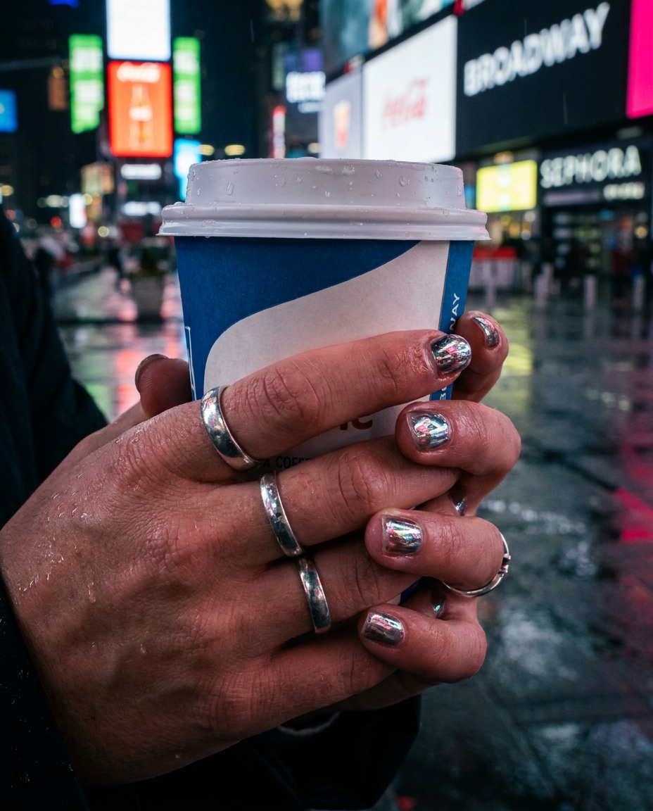 Neon Detail Hands Shot AI portrait example — Gemini AI Photo Prompt Times Square