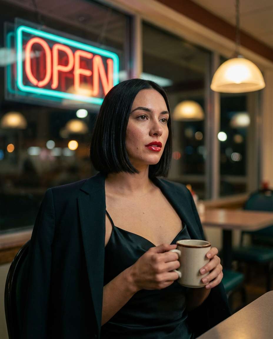 Neon Diner Window AI portrait example — AI Neon Light Effect Photo Prompt