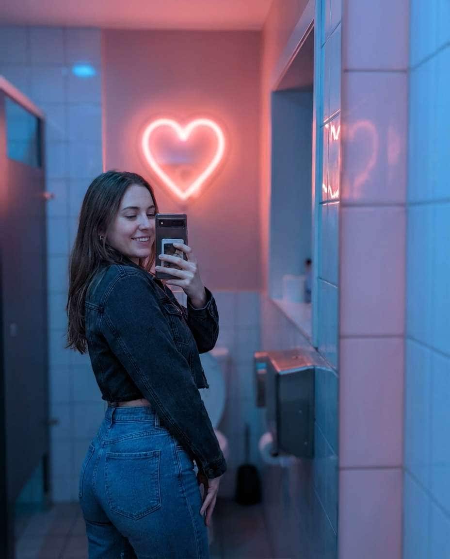 Neon Heart Mirror Selfie AI portrait example — AI Neon Light Effect Photo Prompt