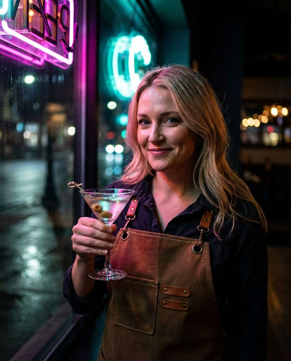 Neon Night Bar AI portrait example — Gemini AI Bartender Photo Prompts