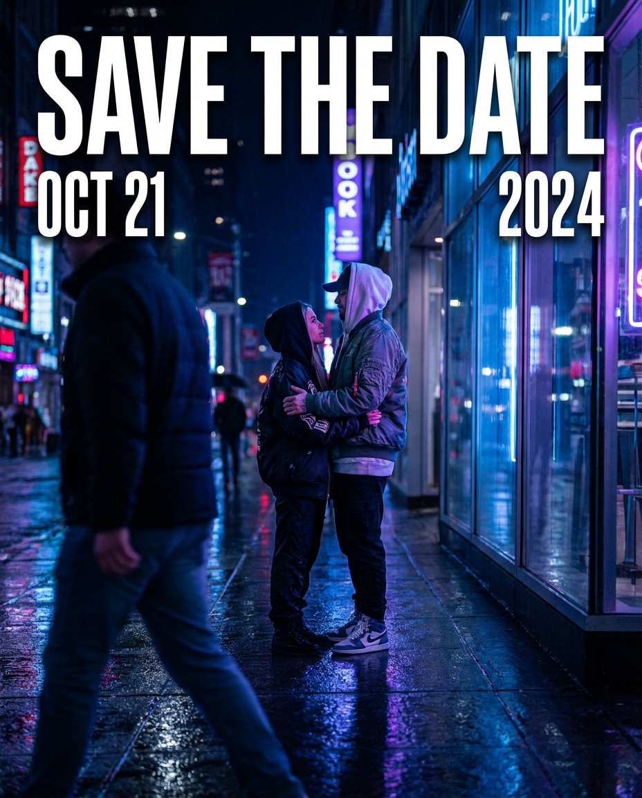 Neon Night City AI portrait — Gemini AI Save The Date Prompt