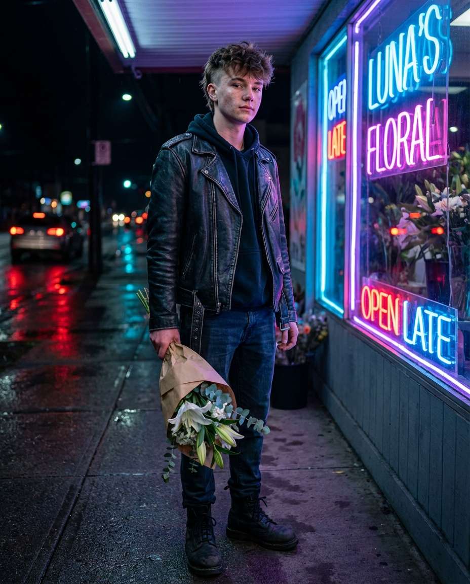 Neon Night Florist AI portrait example — Gemini AI Flower Photo Prompt for Boys