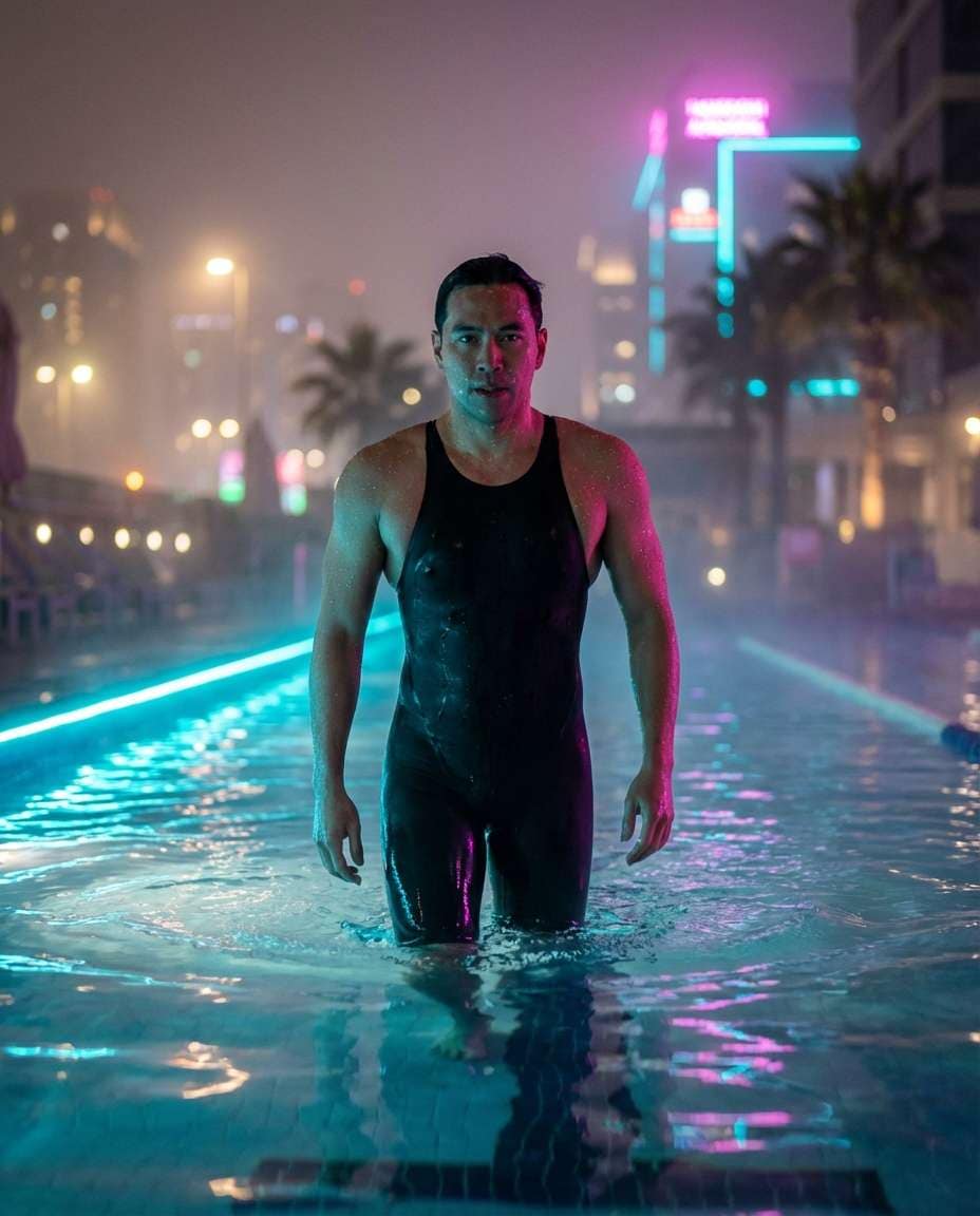 Neon Night Swim AI portrait example — Gemini AI Swimmer Photo Prompts