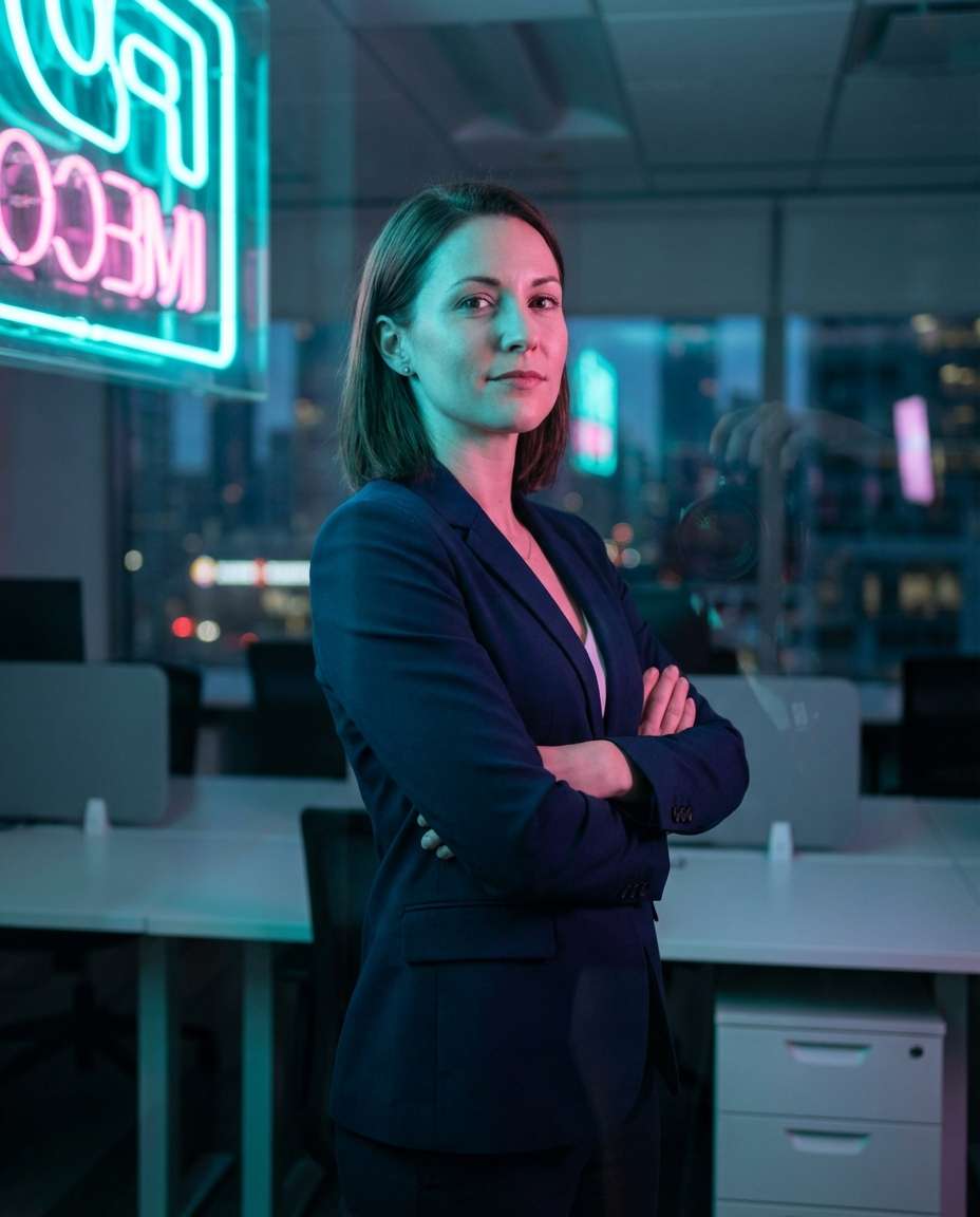 Neon Office Afterhours AI portrait example — AI Neon Light Effect Photo Prompt