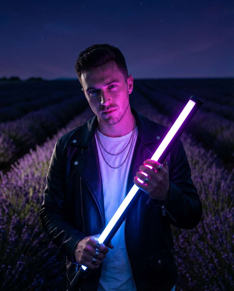 Neon Purple Night Shot AI portrait example — AI Lavender Field Photo
