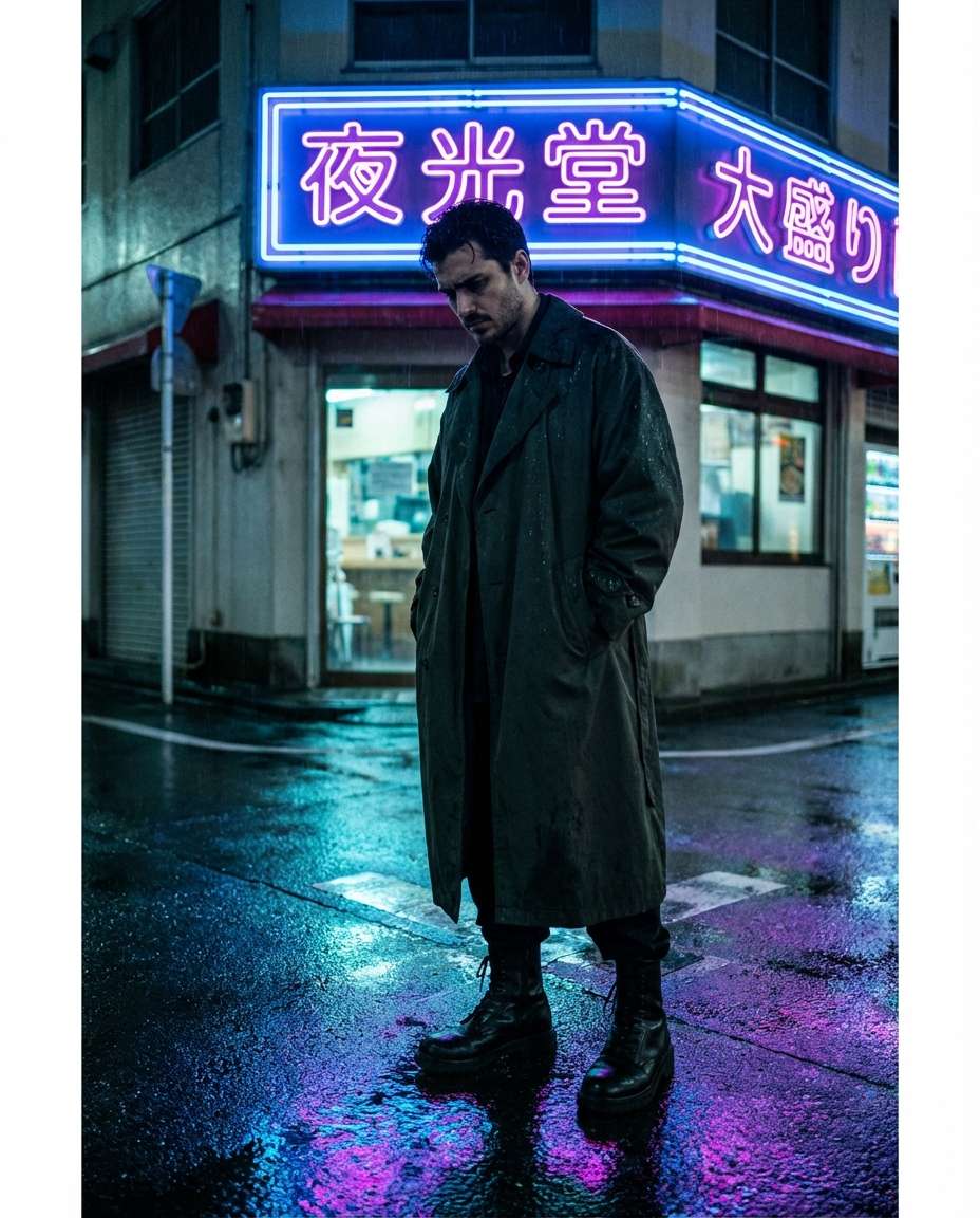 Neon Sign Street Corner AI portrait example — AI Neon Light Effect Photo Prompt