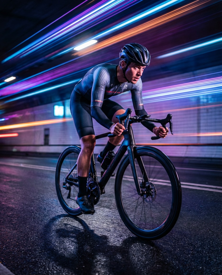 Neon Tunnel Speed AI portrait example — Gemini AI Cyclist Photo Prompts