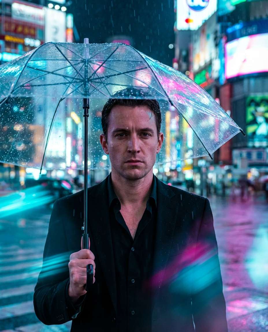 Neon Umbrella Rain AI portrait example — AI Neon Light Effect Photo Prompt