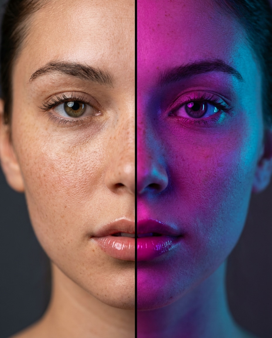 Neon vs Natural Split AI portrait