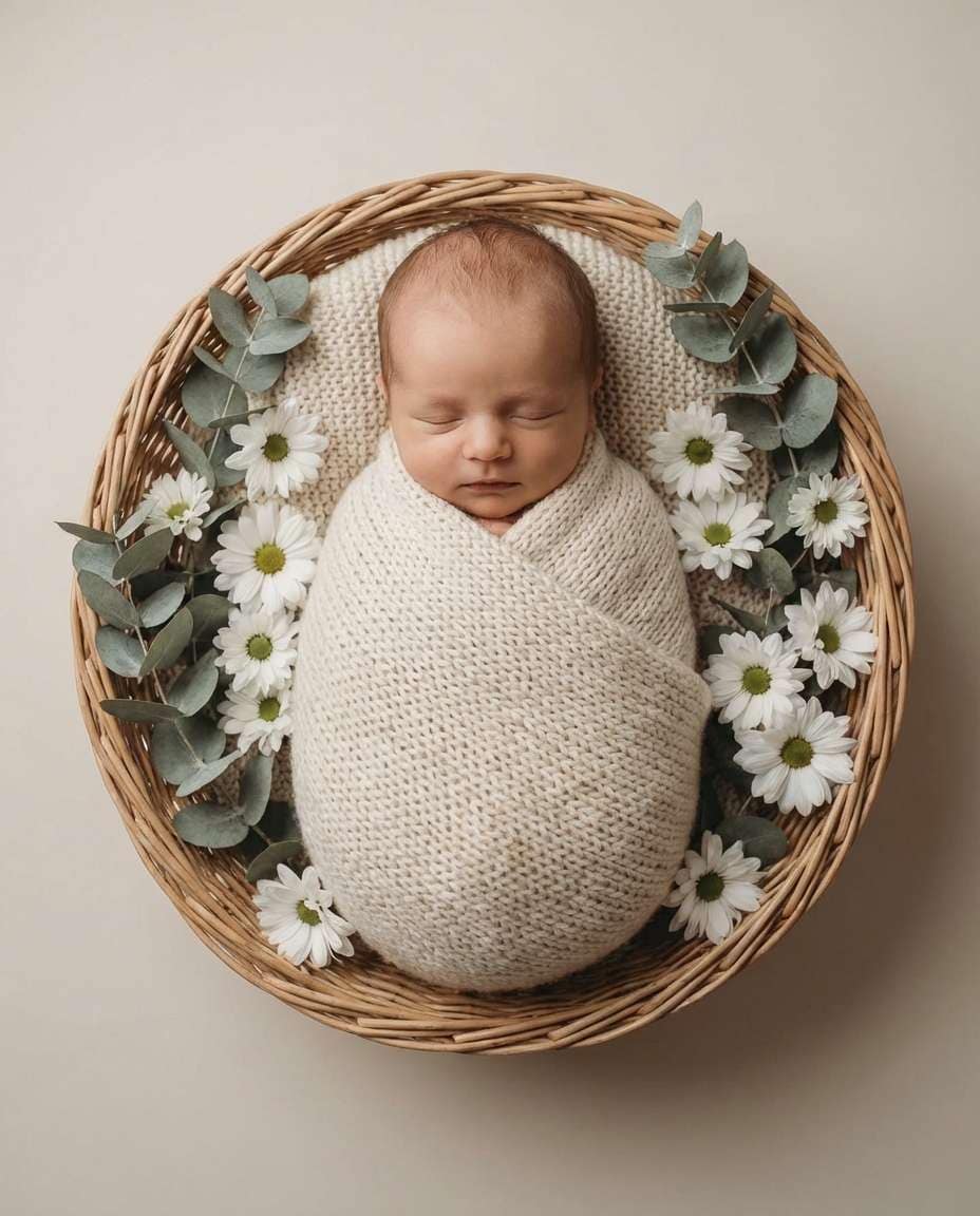 Newborn in Flower Basket AI portrait