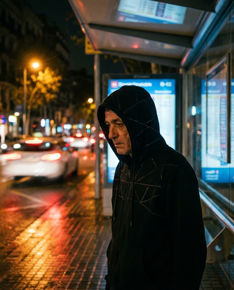 Night Bus Stop AI portrait — Gemini AI Barcelona Hoodie Prompt