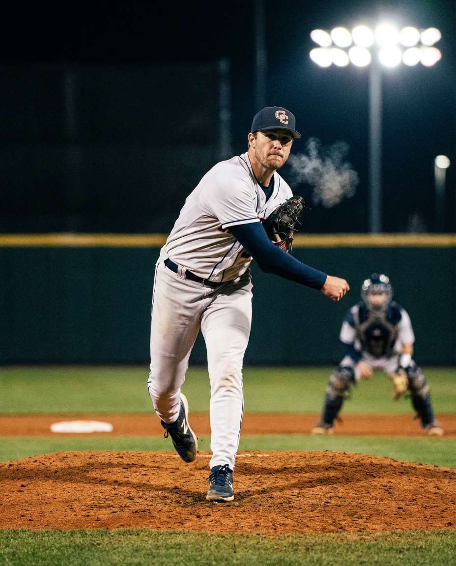 Night Game Pitch AI portrait — Gemini AI Baseball Photo Prompts