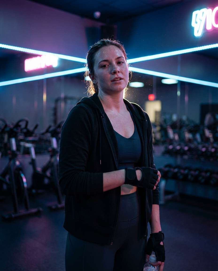 Night Gym Neon AI portrait example — Gemini Gym Photo Prompt