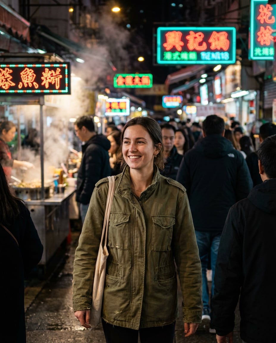 Night Market Neon Stalls AI portrait example — AI Neon Light Effect Photo Prompt