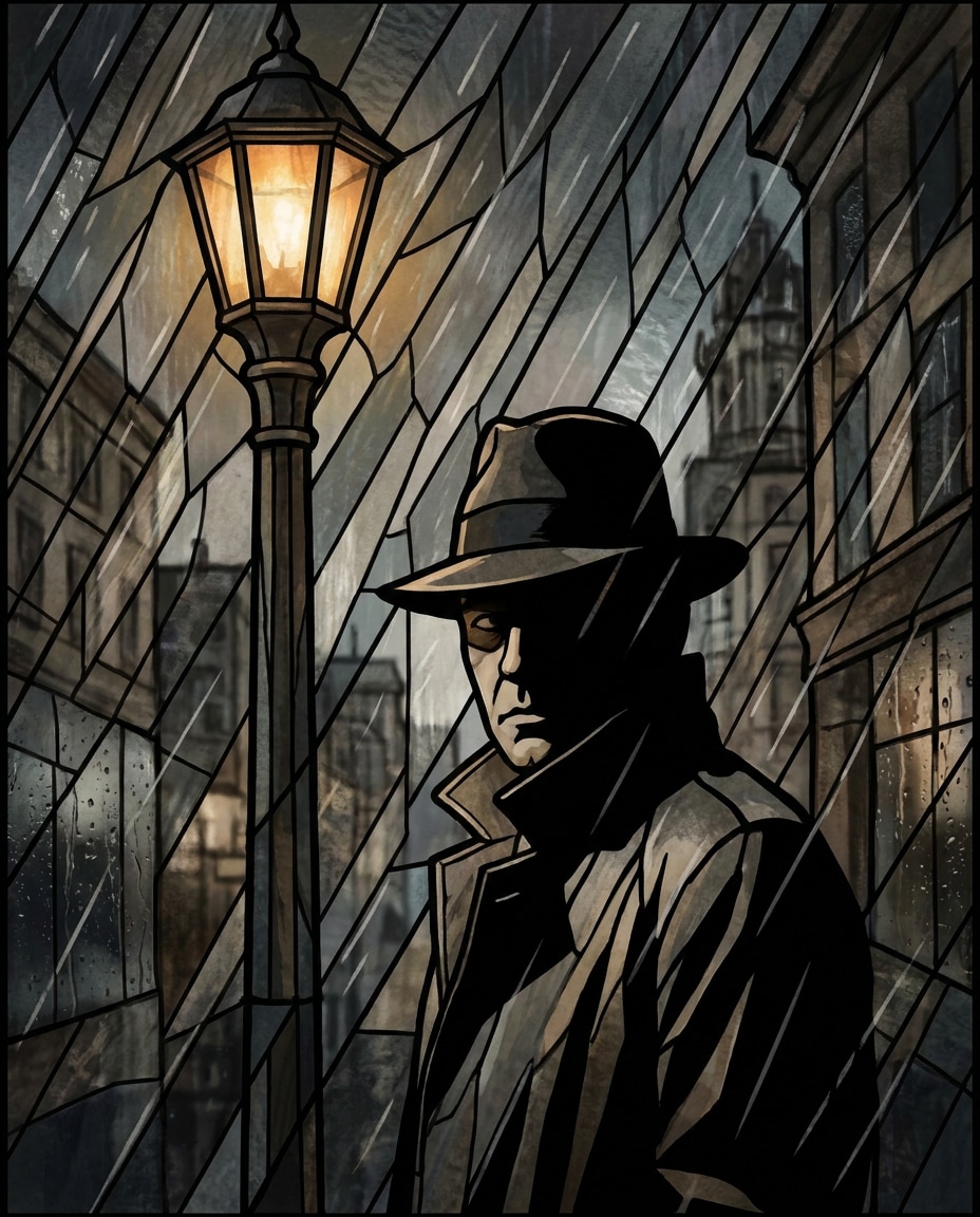 Noir Detective Window AI portrait — Gemini AI Stained Glass Art Prompt
