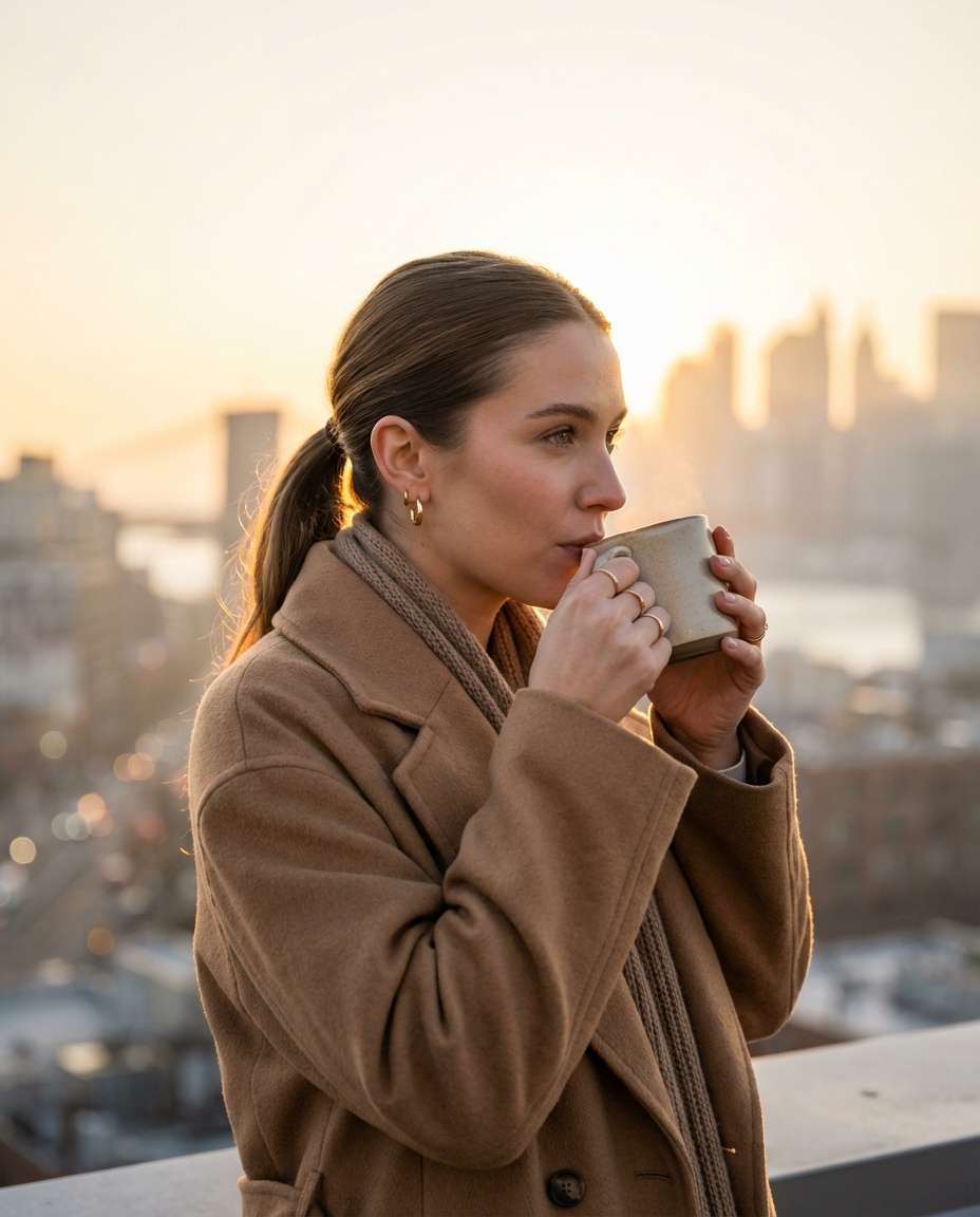 NYC Rooftop Sunrise AI portrait example — AI Travel Photography Prompt