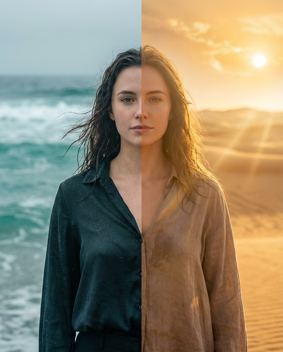 Ocean vs Desert AI portrait — AI Split Photo Prompt