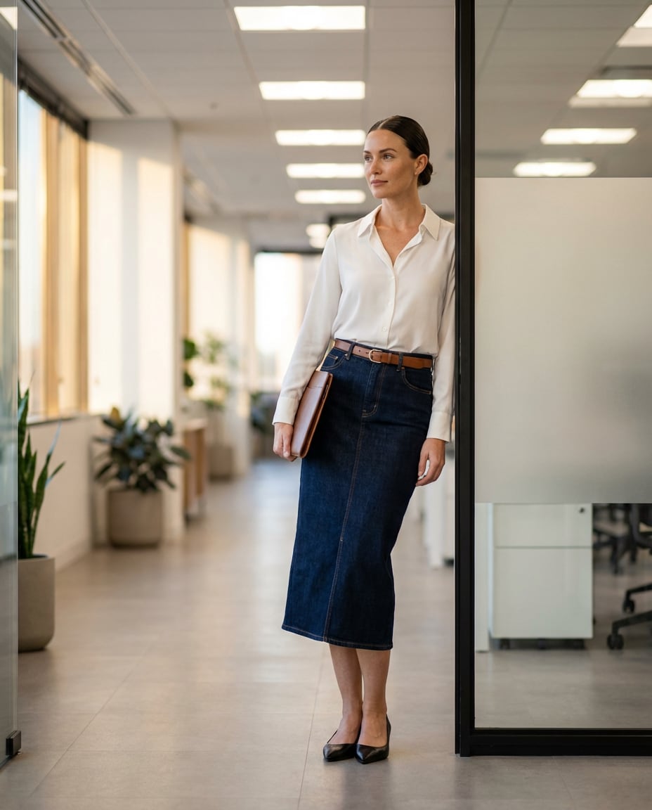 Office Smart Casual AI portrait — Gemini AI Denim Skirt Prompt