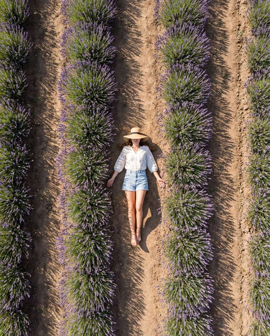 Overhead Drone Pattern AI portrait example — AI Lavender Field Photo