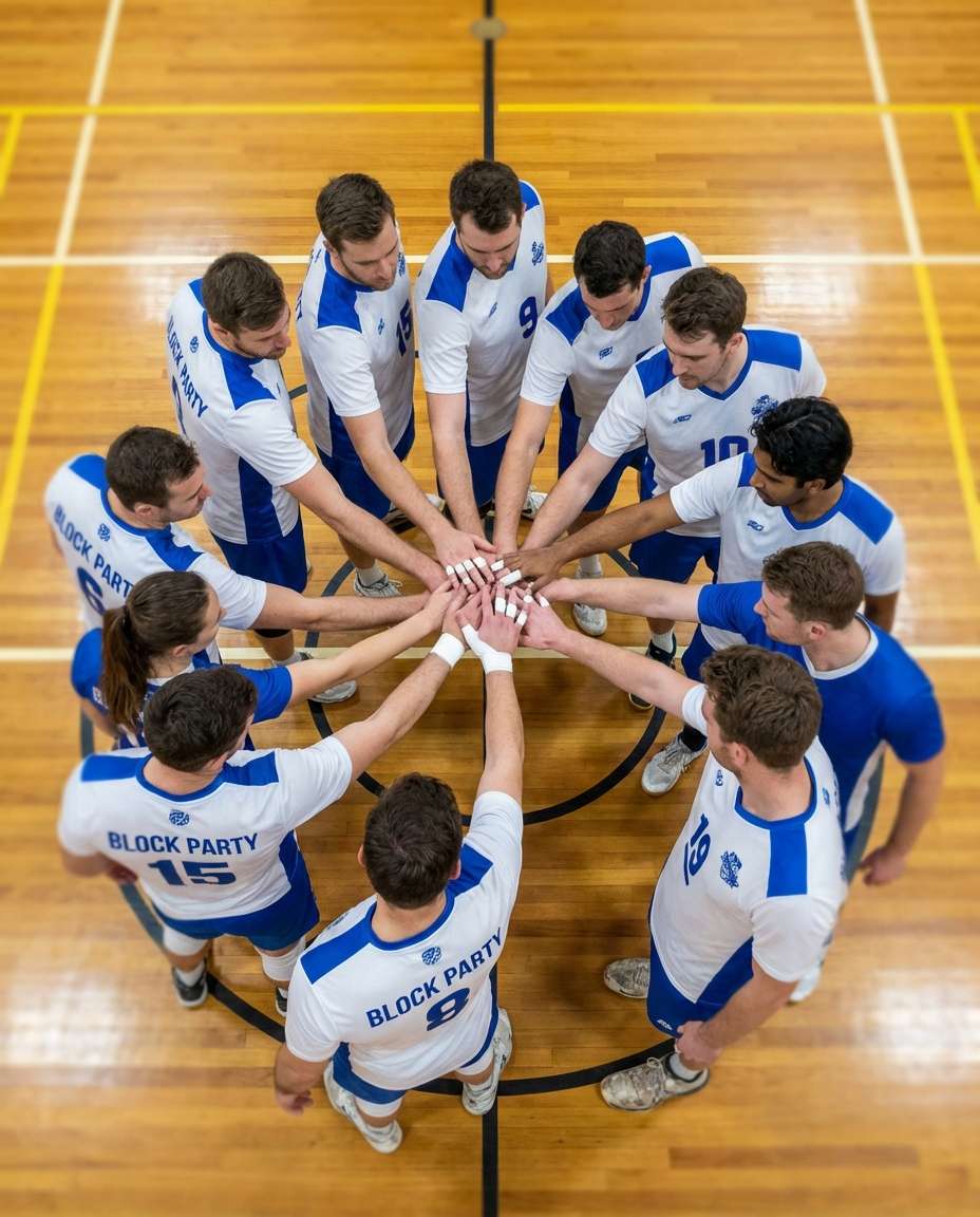 Overhead Team Huddle AI portrait example — Gemini AI Volleyball Player Photo Prompts