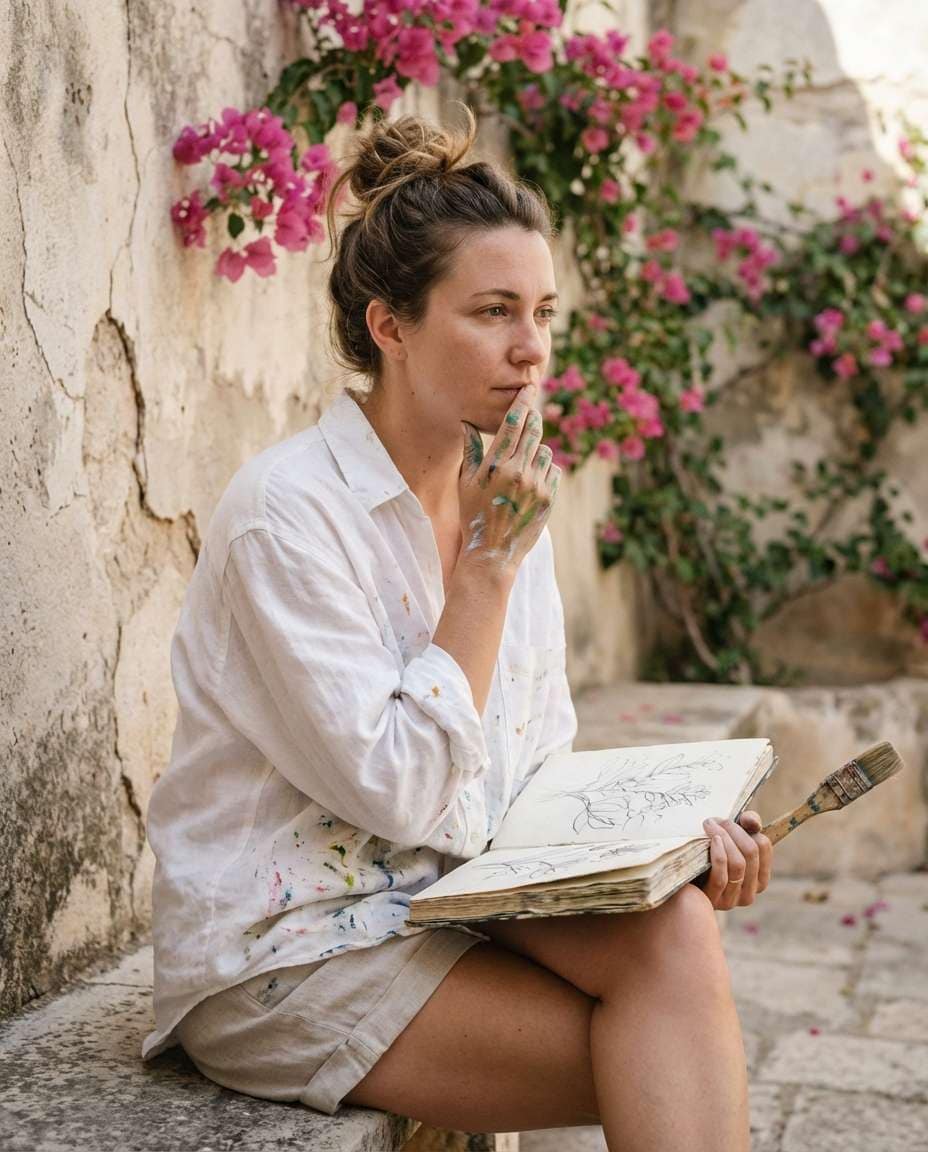 Painter in Bloom Corner AI portrait example — AI Bougainvillea Photo