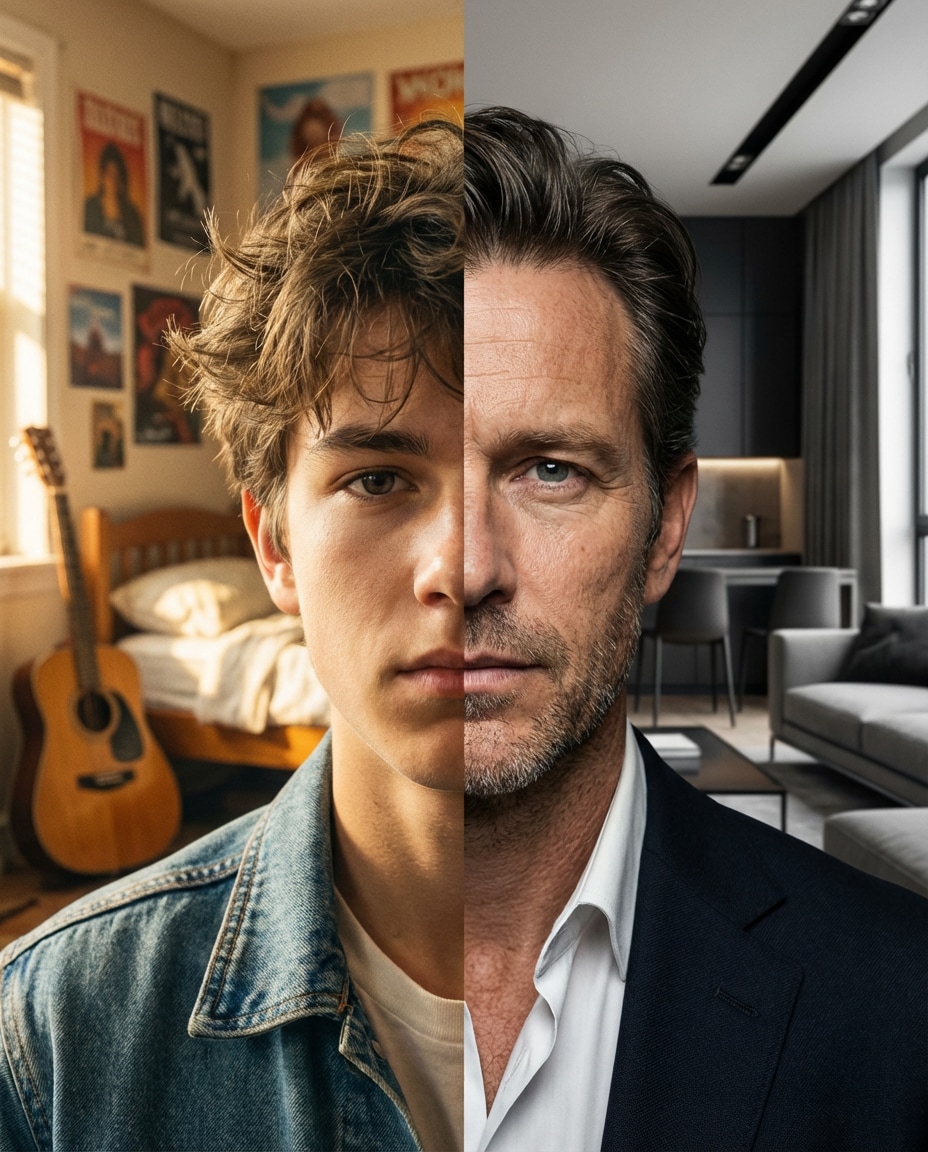 Past Self vs Future Self AI portrait — AI Split Photo Prompt