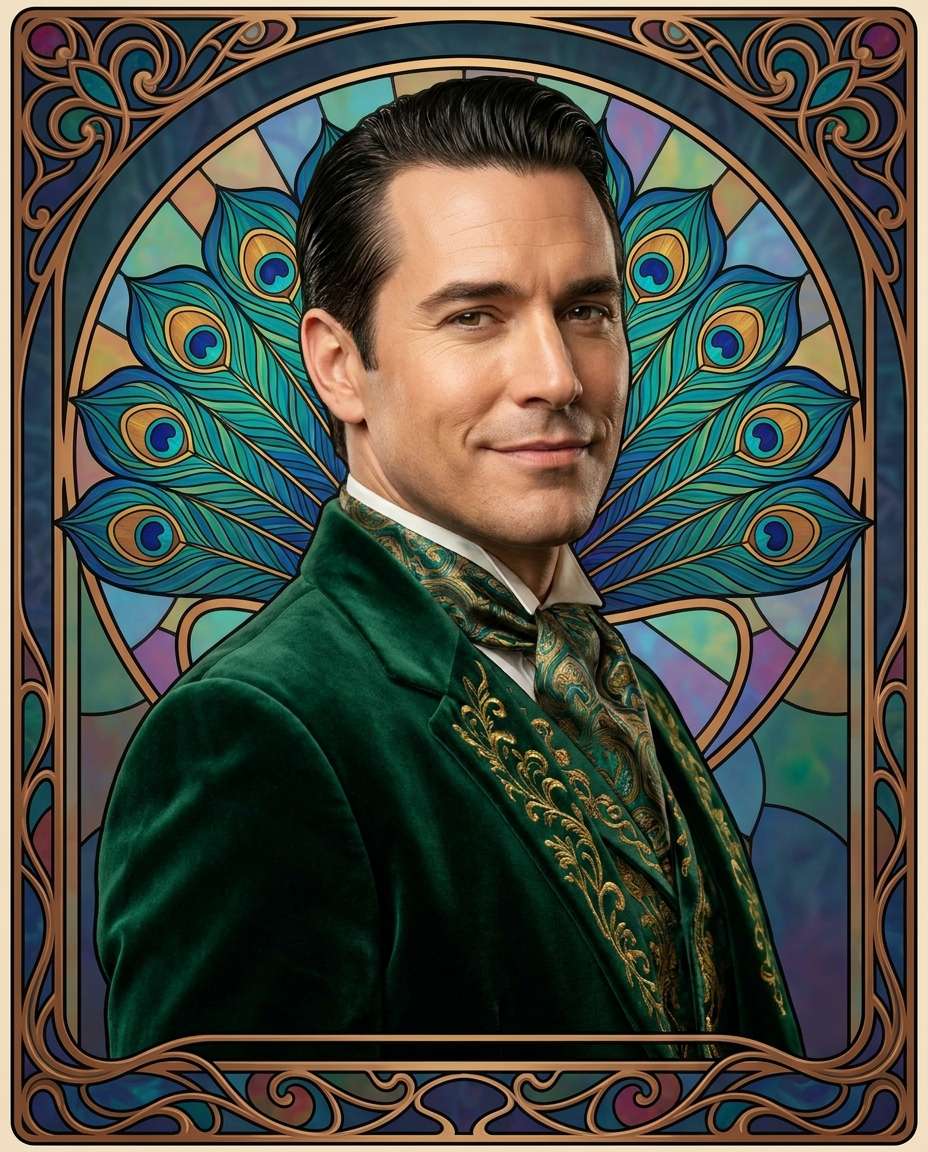 Peacock Feather Elegance AI portrait example — Free Copy & Paste