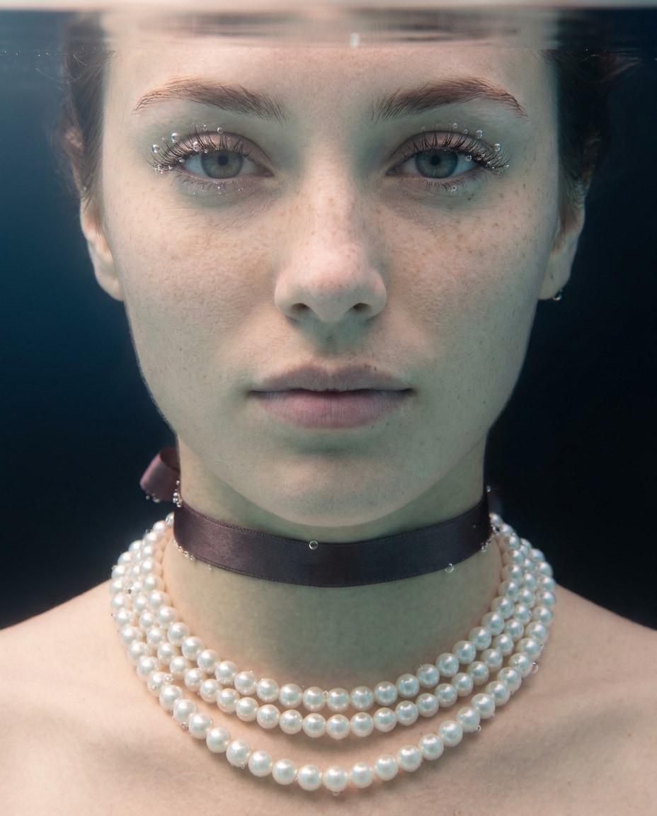 Pearl Necklace Close-Up AI portrait example — Gemini AI Underwater Prompt