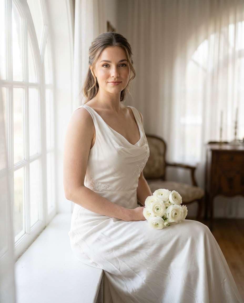 Pearl White Bridal Vibe AI portrait — Gemini AI Silk Dress Prompt