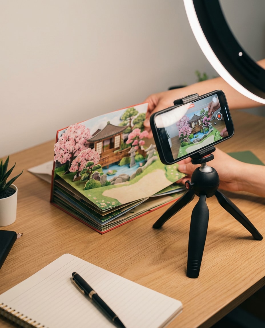 Phone Filming Pop-up AI portrait example — AI 3D Pop-up Card Prompt