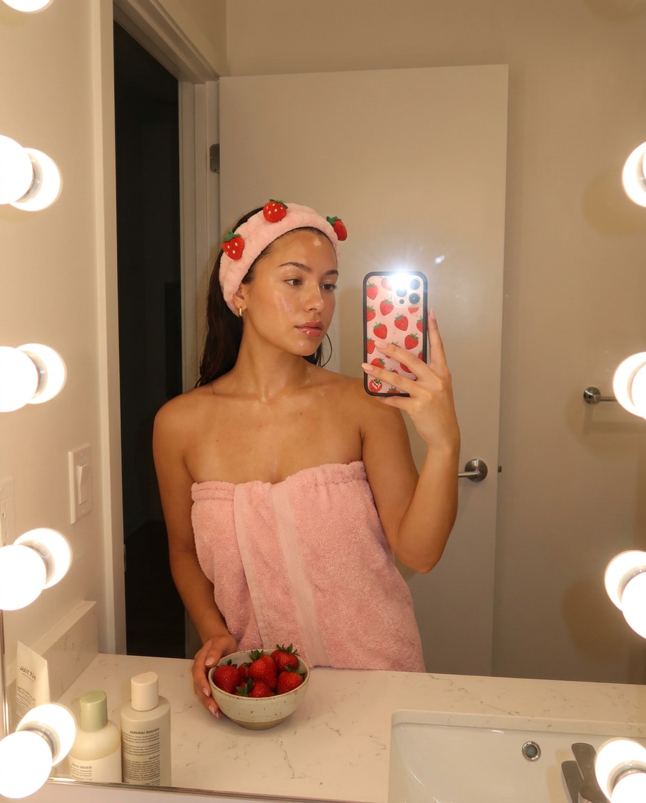 Pink Bathroom Mirror Selfie AI portrait — Strawberry Aesthetic Prompts for Gemini & ChatGPT