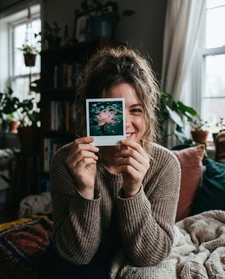 Polaroid Lotus Frame AI portrait example — AI Lotus Flower Photo Prompt