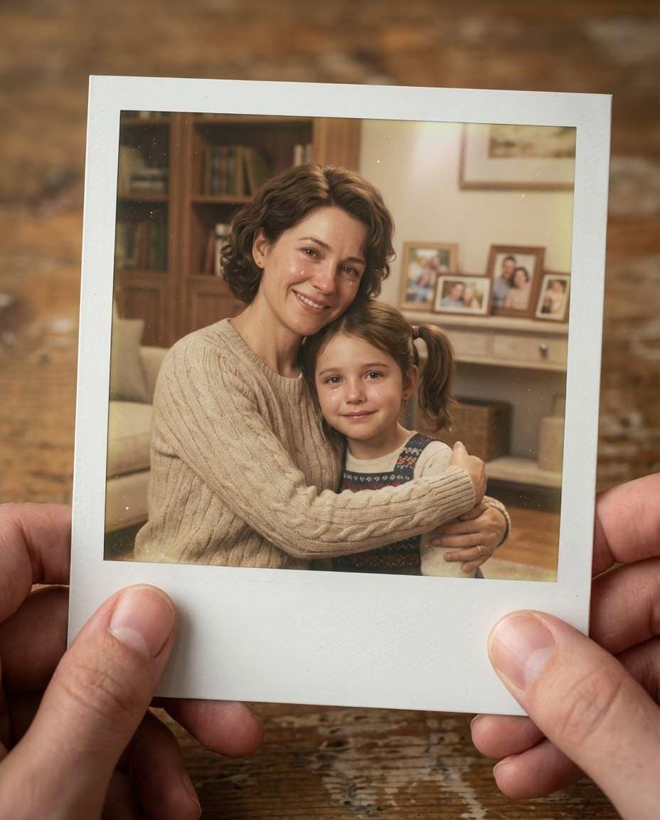Polaroid Memory Frame AI portrait example — Gemini Hug My Youngself Prompt