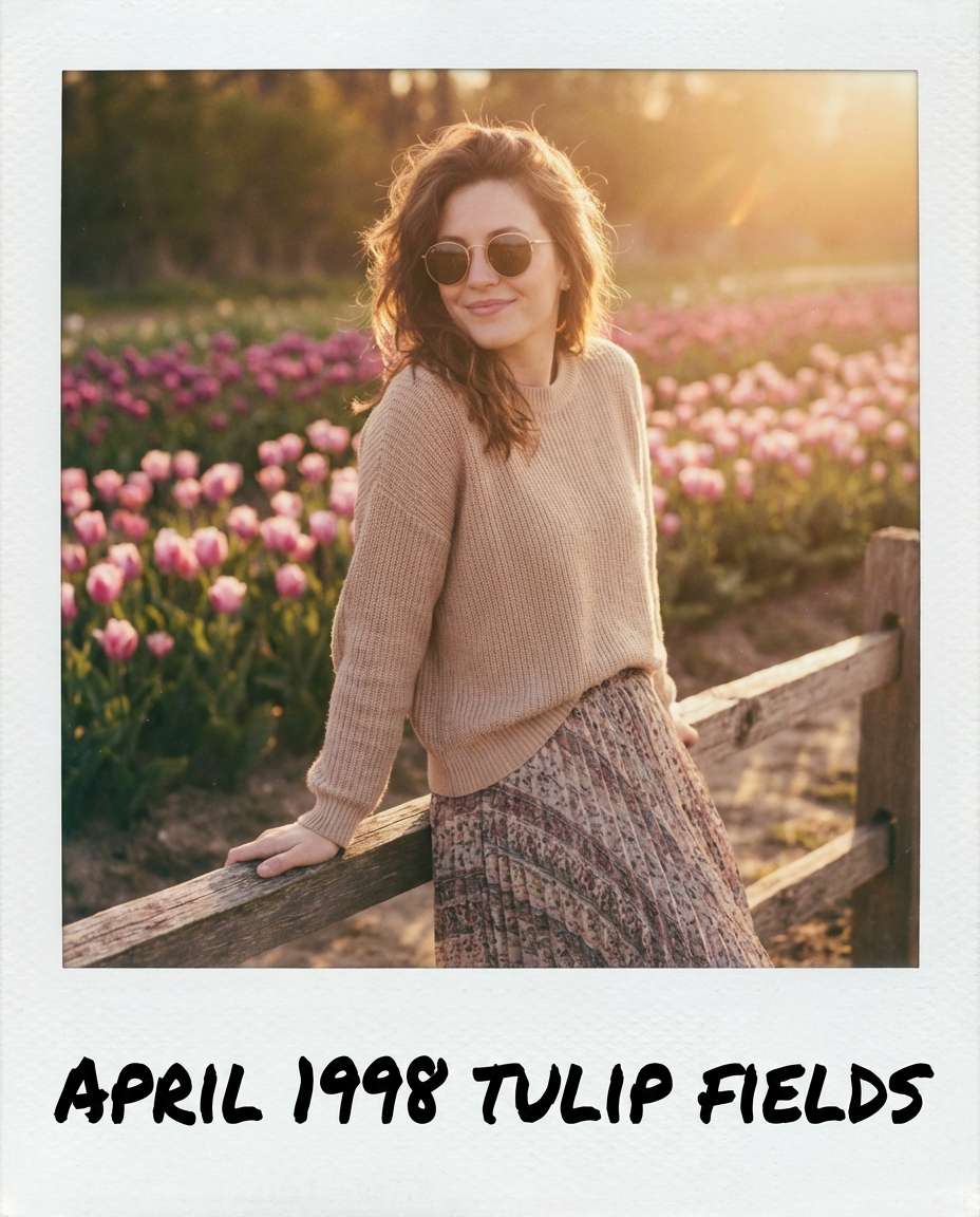 Polaroid Vintage Look AI portrait example — AI Tulip Garden Photography Prompt