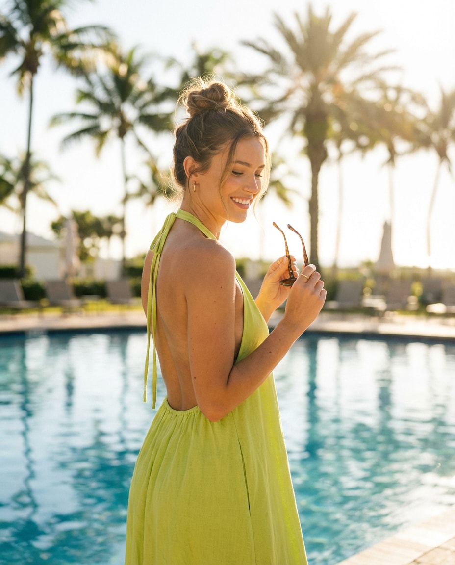 Poolside Resort AI portrait — Gemini AI Backless Dress Prompt