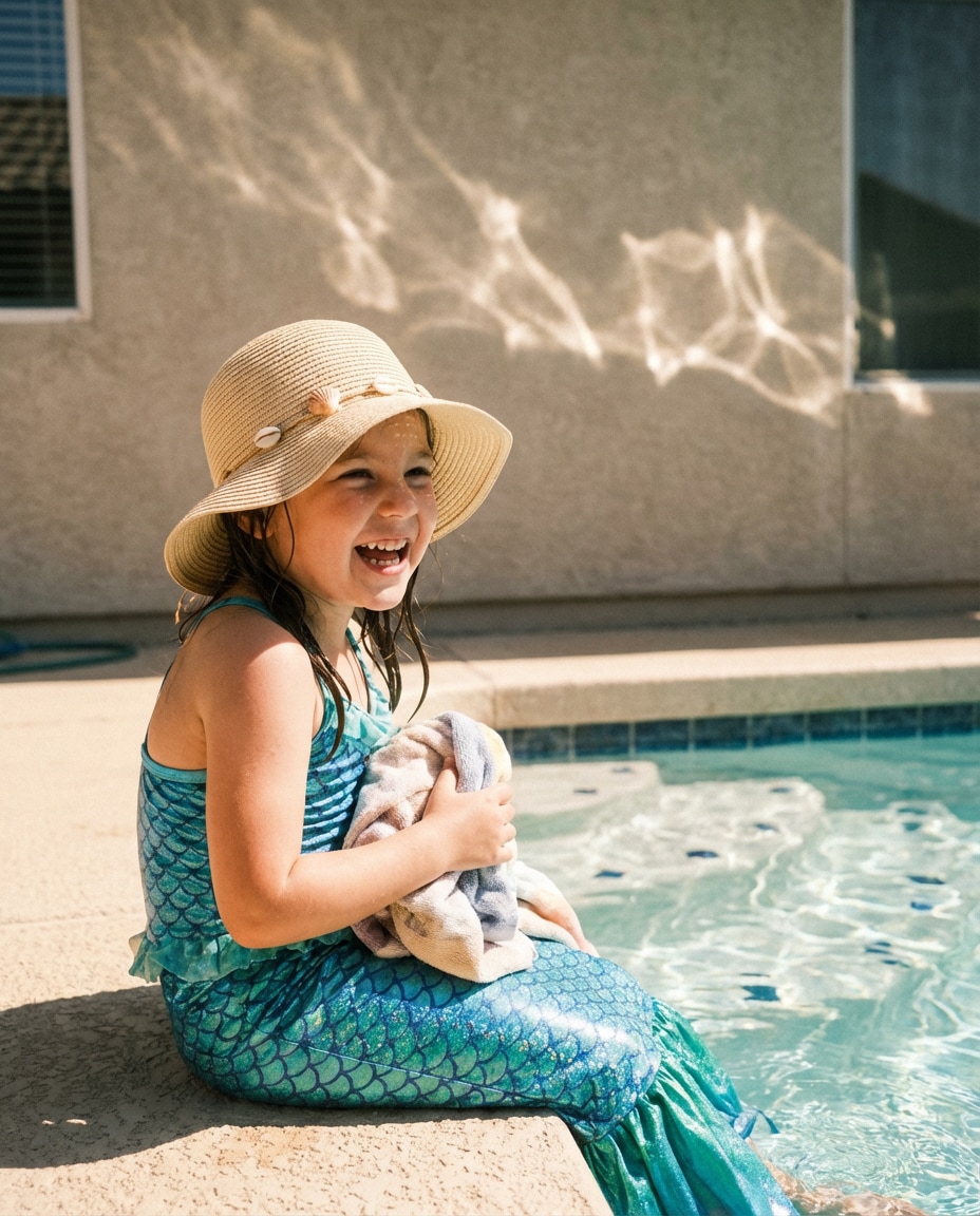 Poolside Sun Hats AI portrait example — Gemini Mermaid Kids Photoshoot Prompts