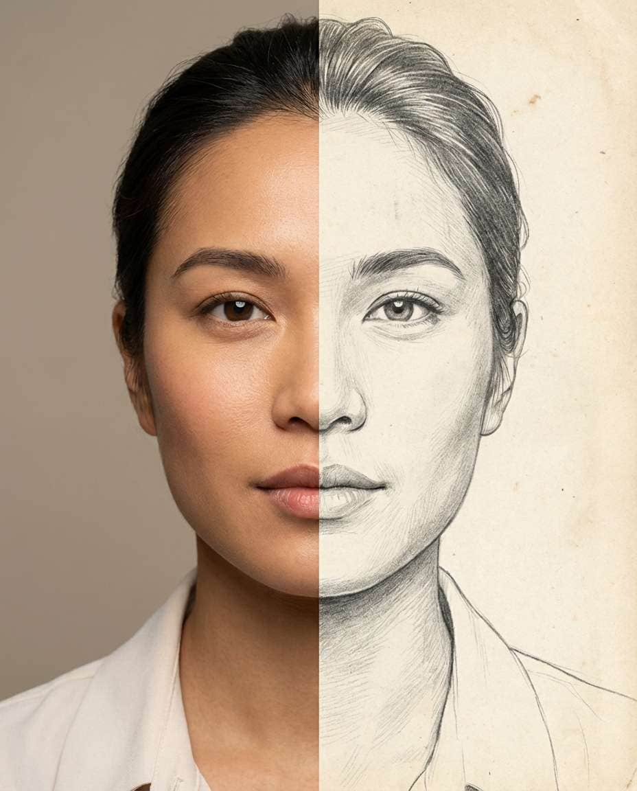 Portrait and Sketch Overlay AI portrait example — Gemini AI Half Face Prompt