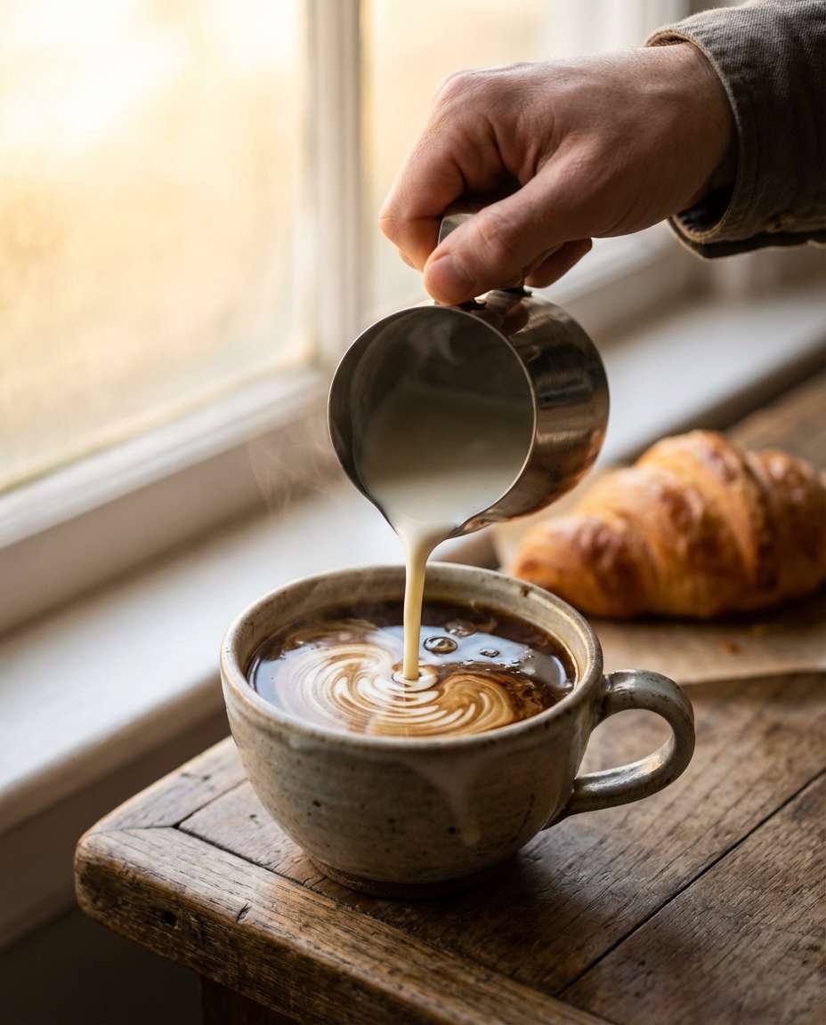 Pouring Coffee Cream AI portrait example — AI Food Photography Prompt