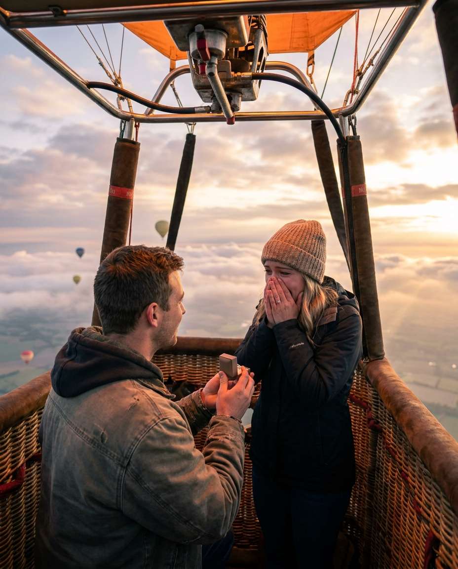 Proposal in the Sky AI portrait example — AI Hot Air Balloon Prompts for Gemini & ChatGPT