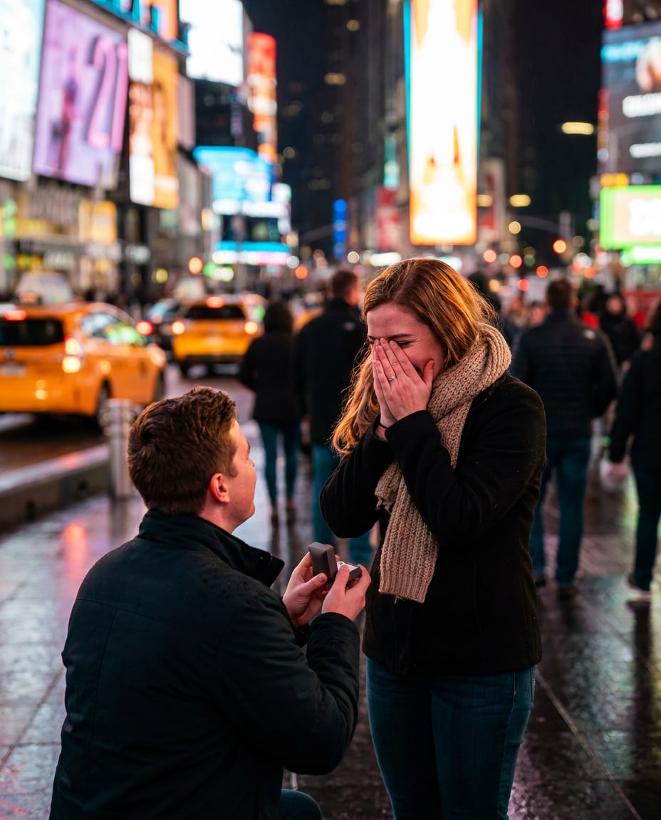 Proposal Surprise Scene AI portrait example — Gemini AI Photo Prompt Times Square