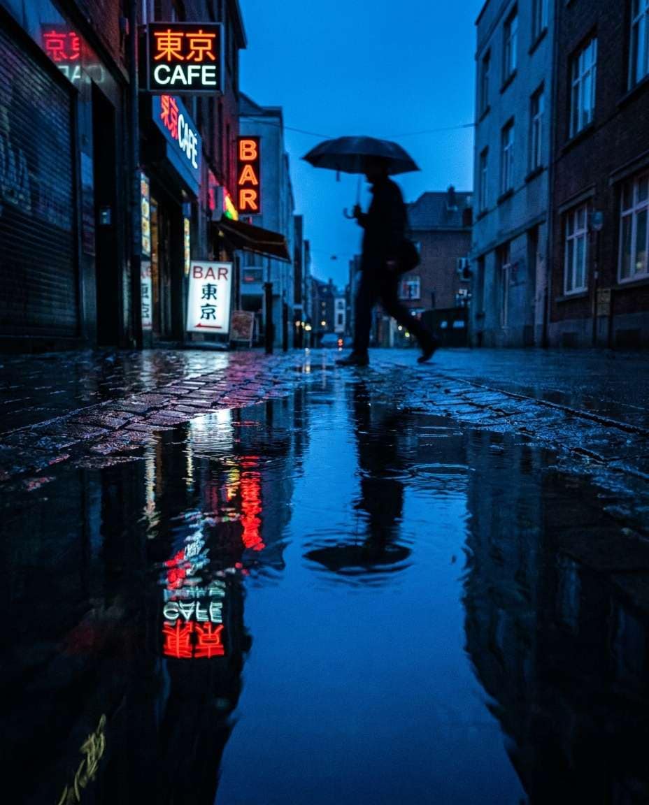 Puddle Reflection Scene AI portrait — Gemini AI Blue Hour Photo Prompt