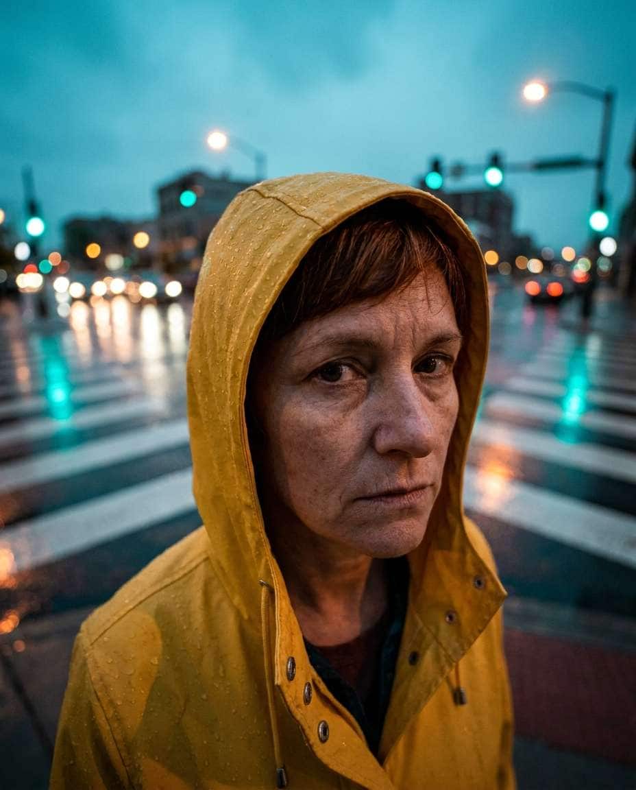 Raincoat Street Portrait AI portrait — Free Copy & Paste